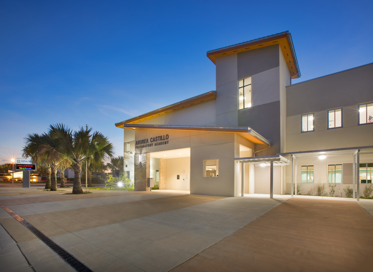 Architectural dusk view of Andrea Castillo K8 school entrance.